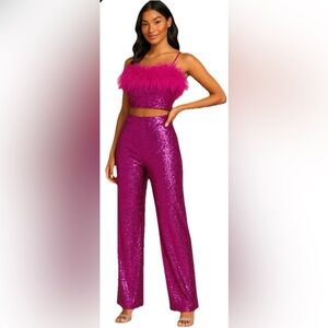 Lulus Hot Pink Sequin Wide Leg Pants ✨ Glam Party Holiday‎ Statement